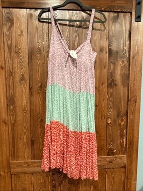 Colorblock Tiered Midi Dress with Front Tie in Pink, Mint & Coral
